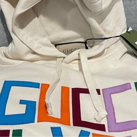 Gucci Cream Hoodie with Multicolor Lettering - Size S (men’s)